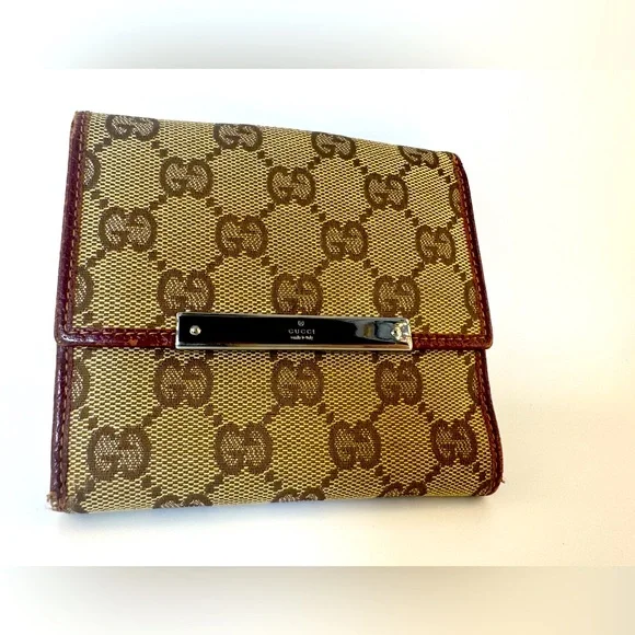Gucci Wallet GG Supreme Bifold with Oxblood Leather & Logo Bar Plaque Authentic - Picture 6 of 16